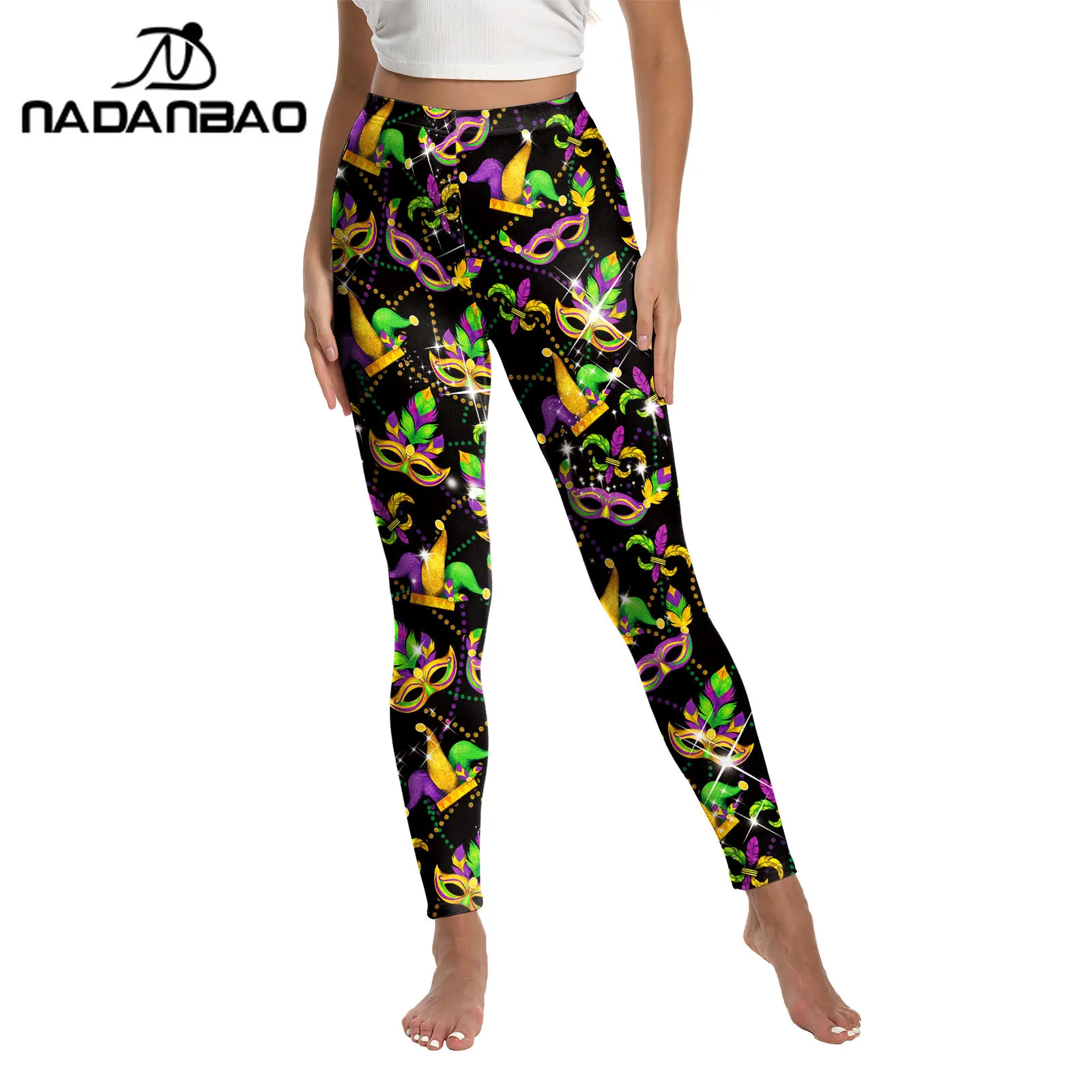 Nadanbao Women Fleur De Lis Pattern Leggings Shiny 3D Beaded Mask Print Pants Purple Yellow Green Mardi Gras Trousers Soft Tight