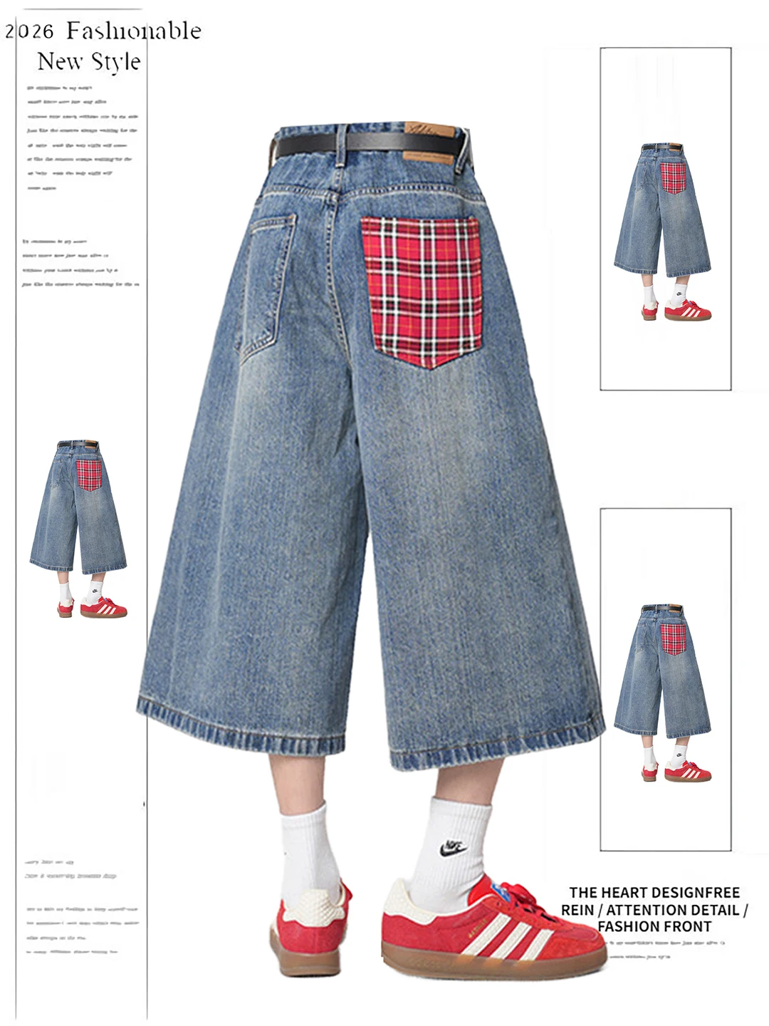 

American Retro Plaid Splicing Denim Seven-Foot Pants Women Summer New Design Loose Wide-Leg orts Casual High Waist Zipper