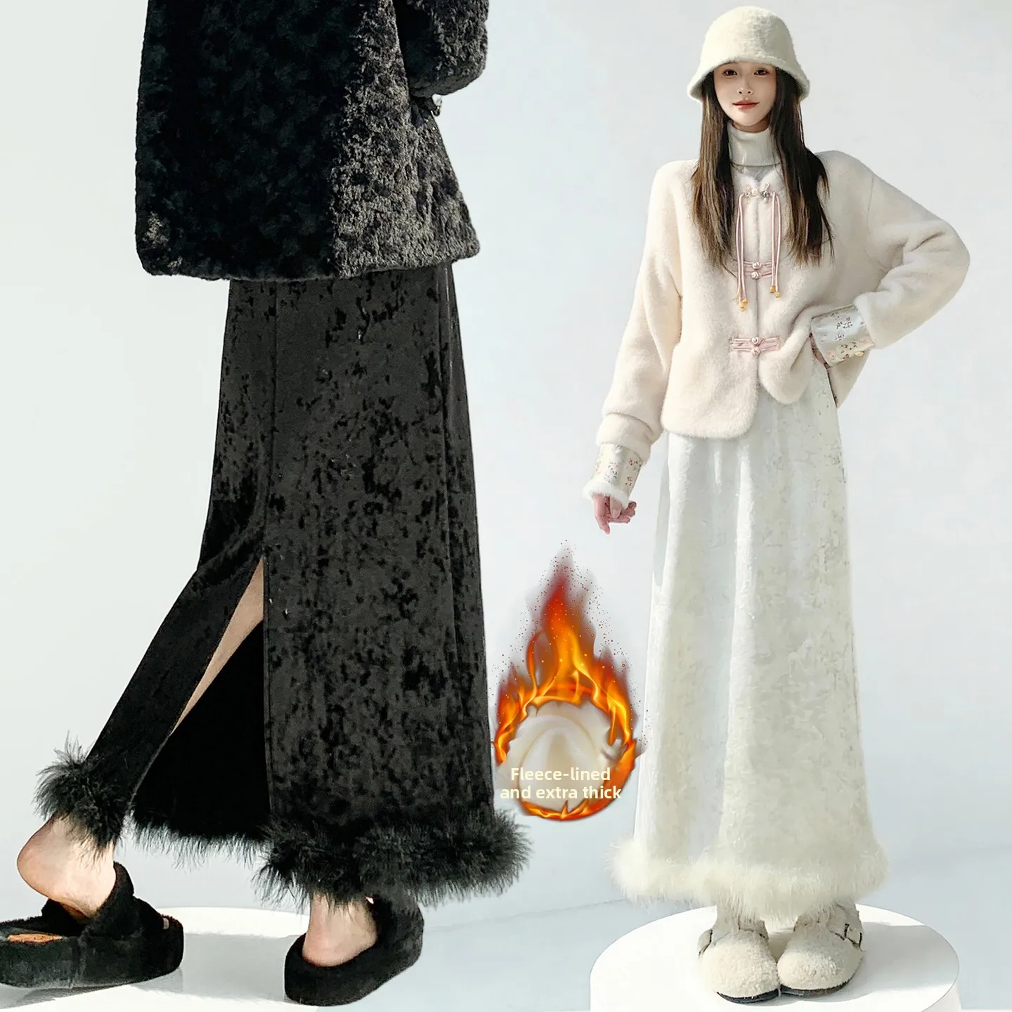 

High Waist Fce Lined Velvet Skirt Women's A-Line Long Skirt One Step Open Split Commute Korean Sle Daily Wear