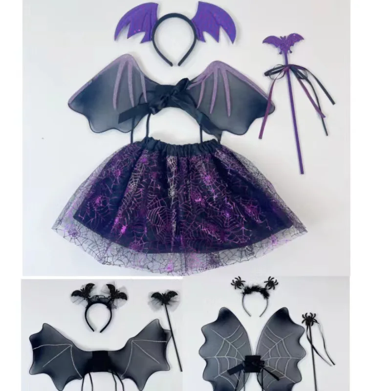 Halloween Spider Bat Wings Photo Prop Tutu Skirt Wing Headband Set Carnival Party Accessories Performance Cosplay Costume Set