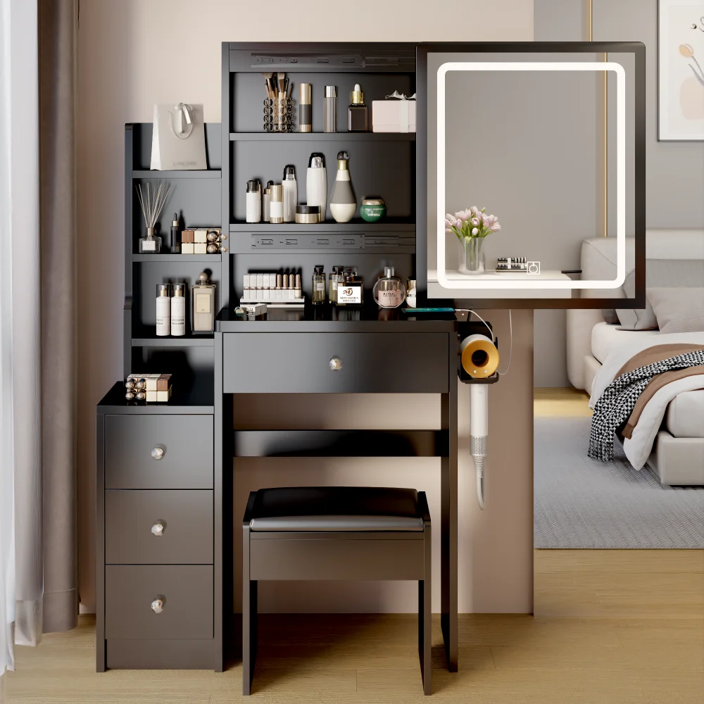 

Small Space Left Bedside Cabinet Vanity Table + Cushioned Stool, 2 AC+2 USB Power Station, Hair dryer bracket, Extra Large