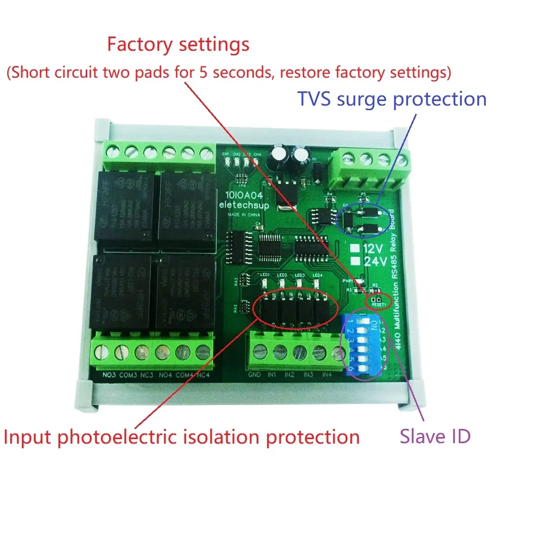 DC 12V 1-12CH interruptor Digital de aislamiento DI-DO PLC IO placa de expansión módulo de relé RS485 Modbus RTU código 01 05 15 02 03 06 16