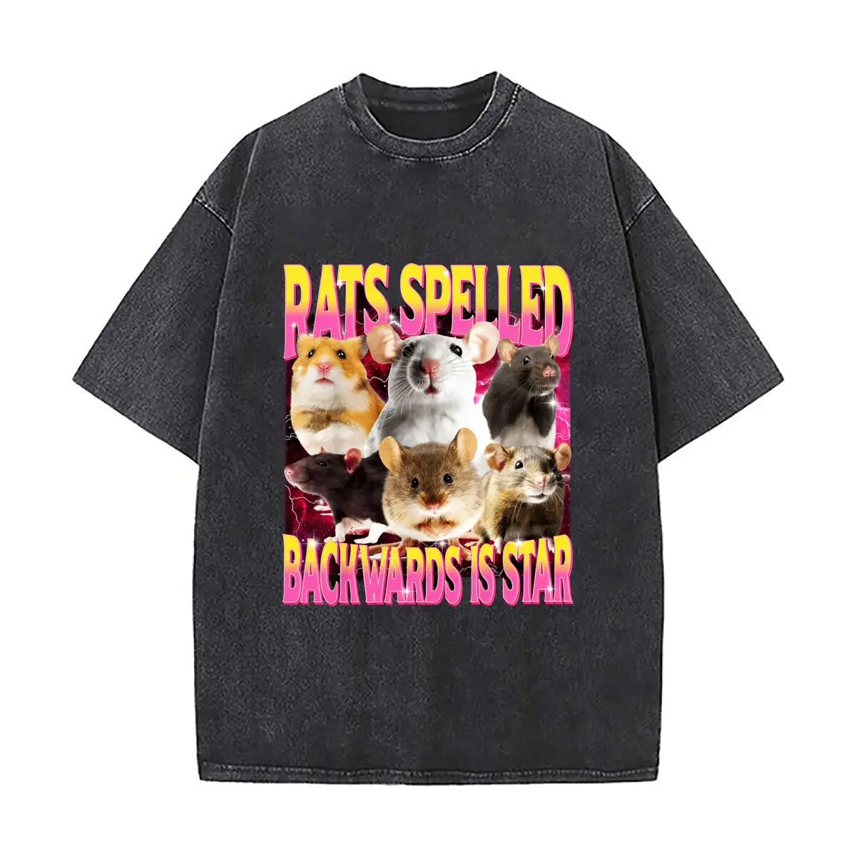 RATS SPELLED BACKWARDS IS STAR Funny Rat Meme Washed Distressed Loose Streetwear Tops for City Walks