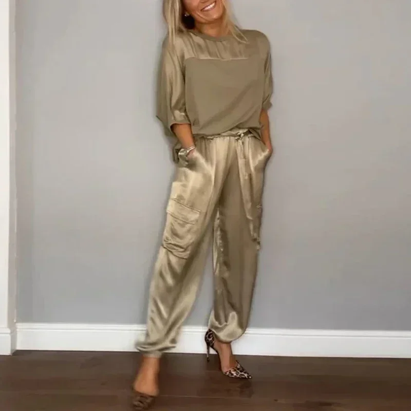 

Spring New Elegant Women Smooth Satin Set Street Scenery Smooth Satin Half Sleeve Shirt Casual Pants Sports 2 Piece Set Autumn