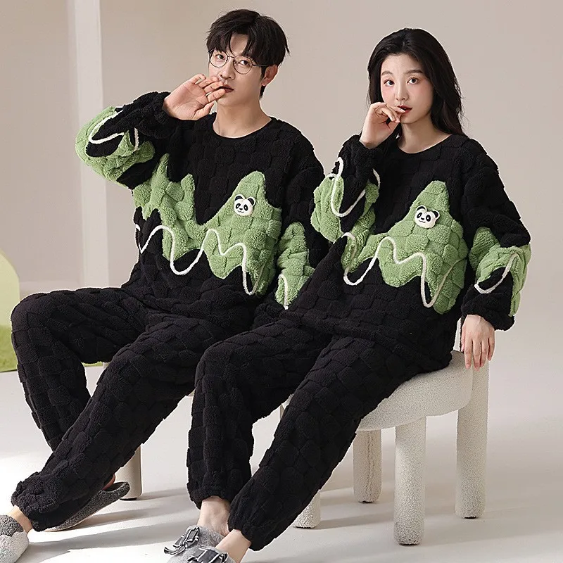 Panda Cartoon Cute Coral Fleece Winter Warm Sleepwear For Couples 2024 New Korean Women and Men Matching Nightwear Mujer Hombre