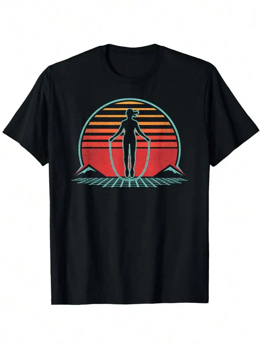 Camiseta Gráfica Retro de los 80 con Diseño de Cuerda para Saltar para Hombre - Diseño Vintage de Fitness con Rayas Teal y Rojas, Corte Regular, Manga Corta, Lavable a Máquina
