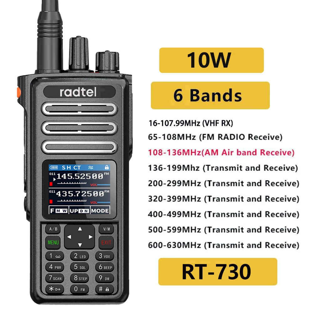 Radtel RT-730 10 Вт Air Band Walkie Talkie Полнодиапазонная любительская любительская ветчина 199CH HT USB-C Батарея NOAA FM AM UHF VHF Satcom