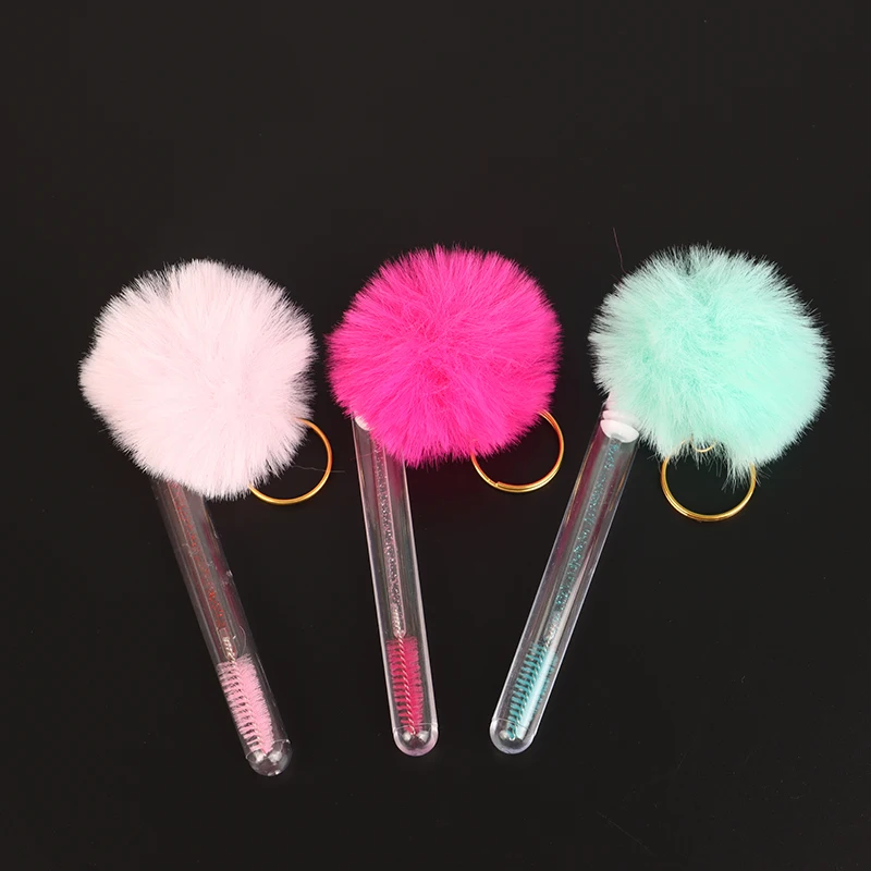 1pcs Tube Eyelash Brush With Gold Keychain & Fluffy Fur Pom Pom Ball Lash Extension Makeup Brush Eyebrow Comb Beauty Tools