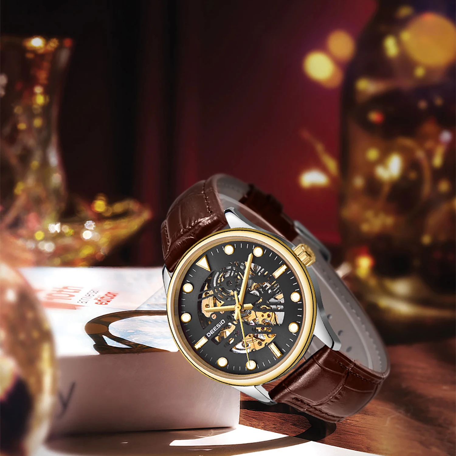 ساعة Deesio للرجال هيكل عظمي أوتوماتيكية مضيئة مقاومة للماء من الفولاذ المقاوم للصدأ وحزام جلدي كريستال الياقوت كاجوال للأعمال