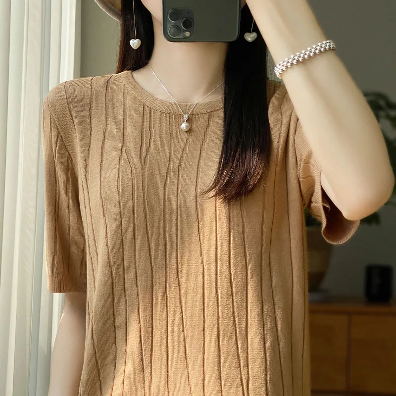 

Новая летняя свободная вязаная женская футболка ort Sve, жилет Age-Defng, тонкий обычный пуловер с длинным круглым воротником Sve