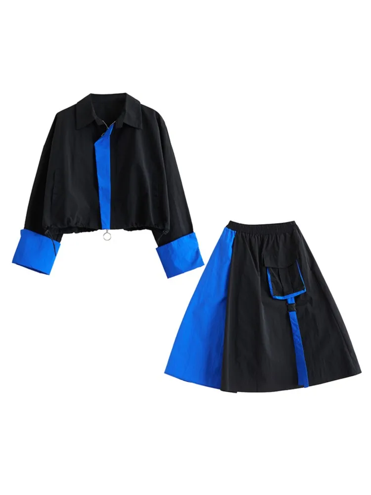 Autumn 2 Two Piece Set Oversized Women Casual Fashion Ladies Cropped Coats Elastic Waist Loose Pleated Woman Long A-Line Skirts