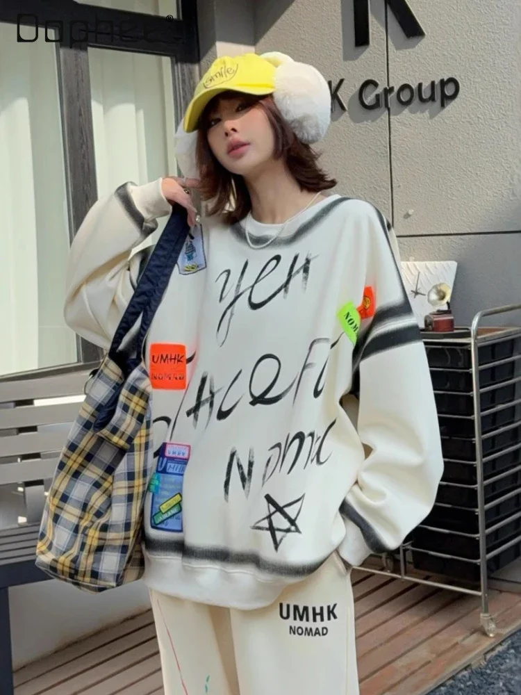 

2025 New Spring and Autumn Oversized Sweatshirts Versatile Letter Printing Fashion Casual Loose Top Women Clothing Kawaii