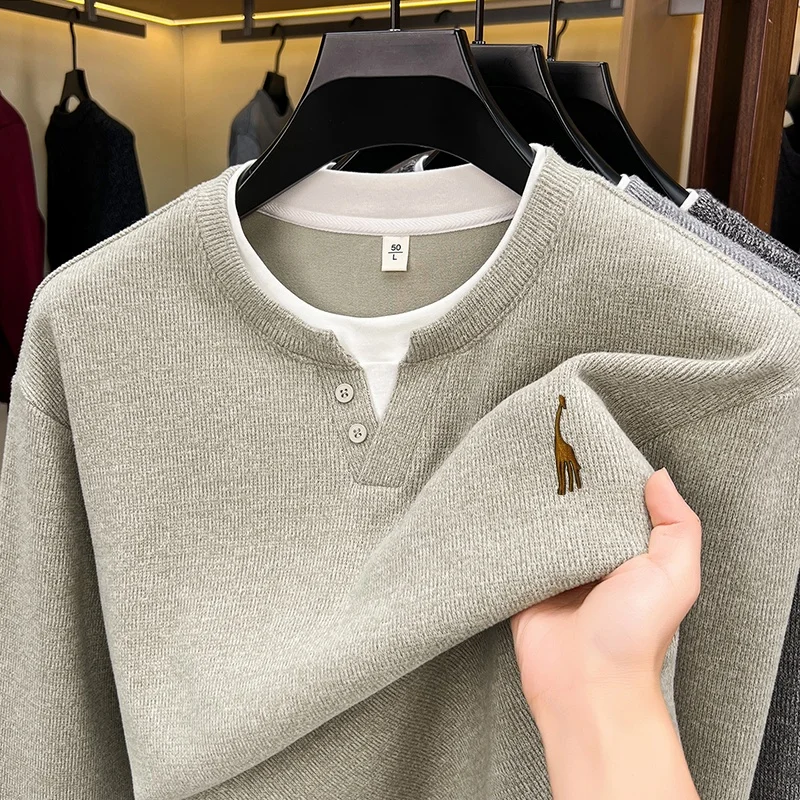 Autumn New Men's False Two-Piece T-Shirt Embroideryed Print Long Sleeve Solid Color Comfort O-Neck Top Casual Fashion Men's Wear