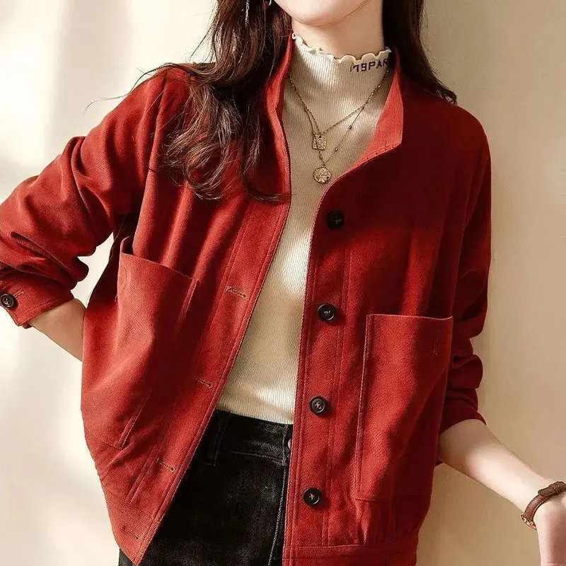 Women\'s Clothing Solid Color Streetwear Coats Stand Collar Casual Pockets Spliced Spring Autumn Commute Single-breasted Jackets