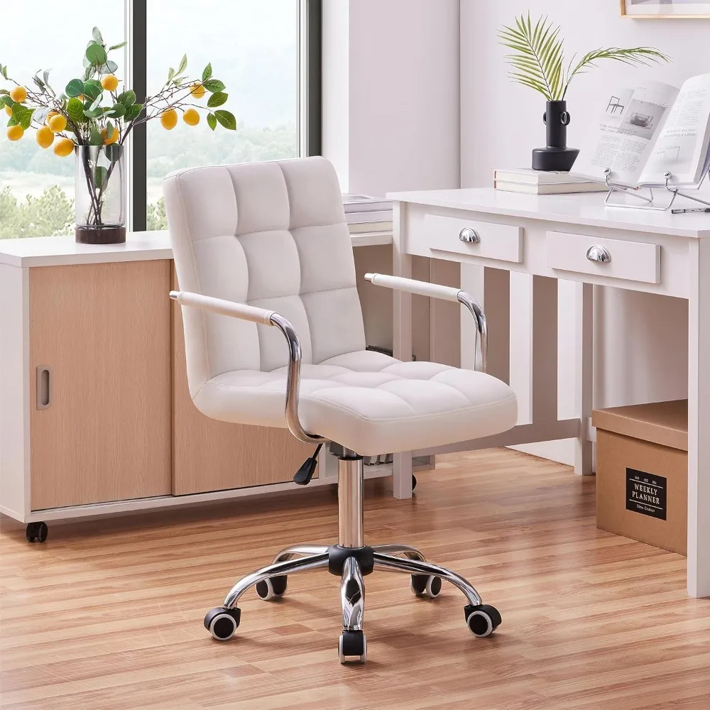 

White Desk Chairs with Wheels/Armrests Modern PU Leather Office Chair Midback Adjustable