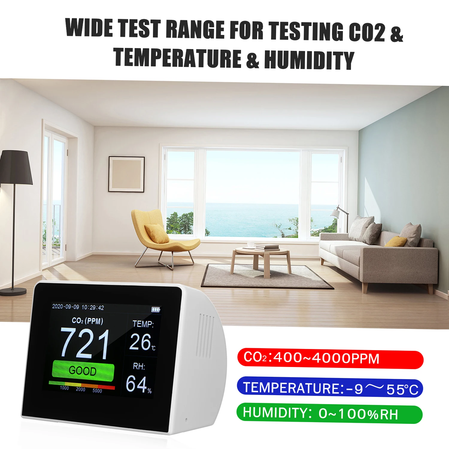 Desktop Multifunctional Air Quality Detector 3-in-1 CO2 Meter RH/Temp. Temperature Humidity Monitor Indoor/Outdoor CO2 Tester