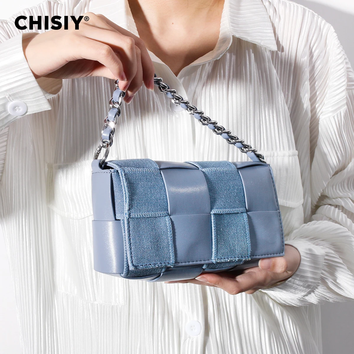 CHISIY Original Handmade Woven Plaid Beaded Blue Artificial Leather Ingredient Shoulder/Cross-Body Bag, Adjustable Strap, Commut