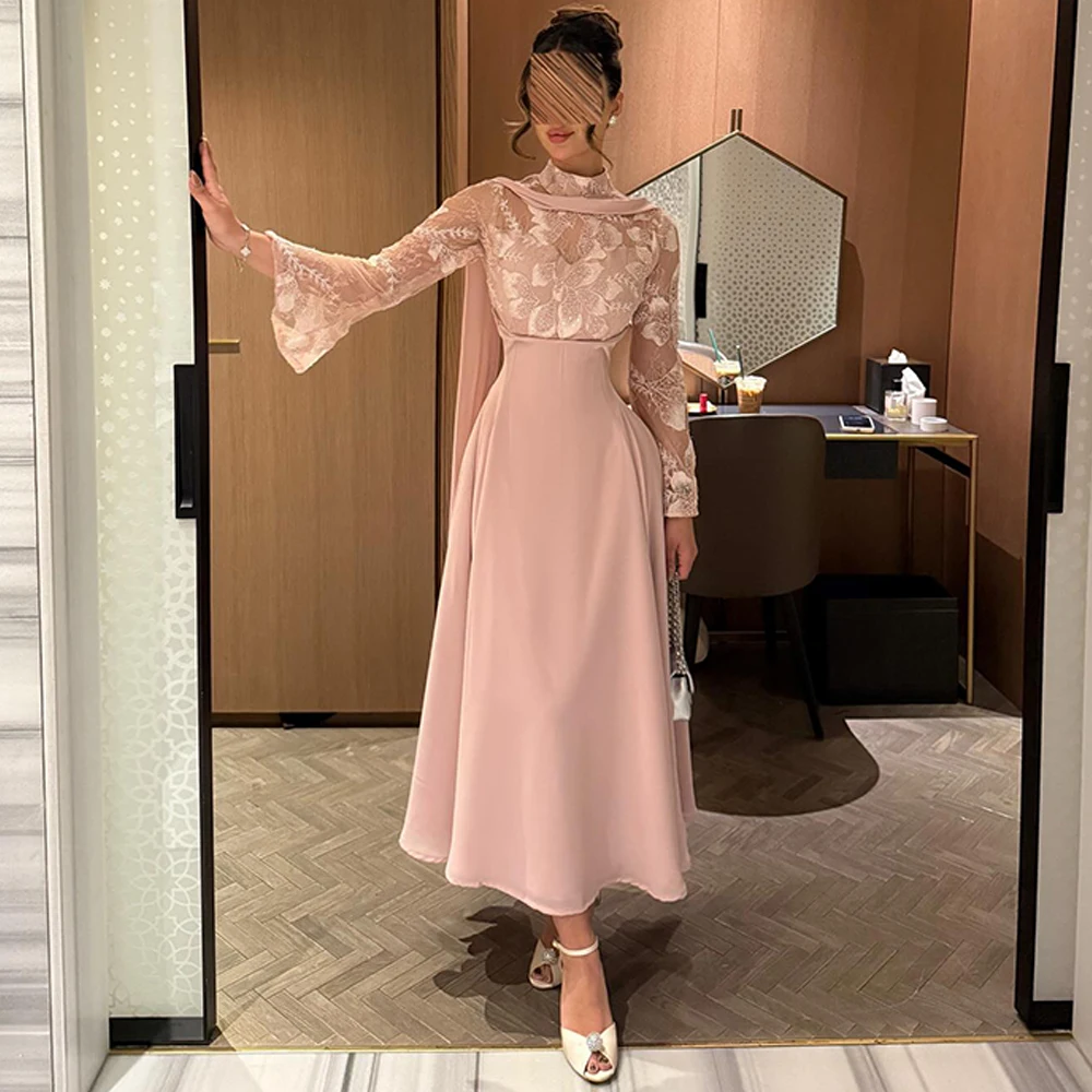 

Exquisite High Collar Jersey Evening Dress Classic Long Sleeves Customized Homecoming Dresses Fashion Sashes Celebrity Gowns