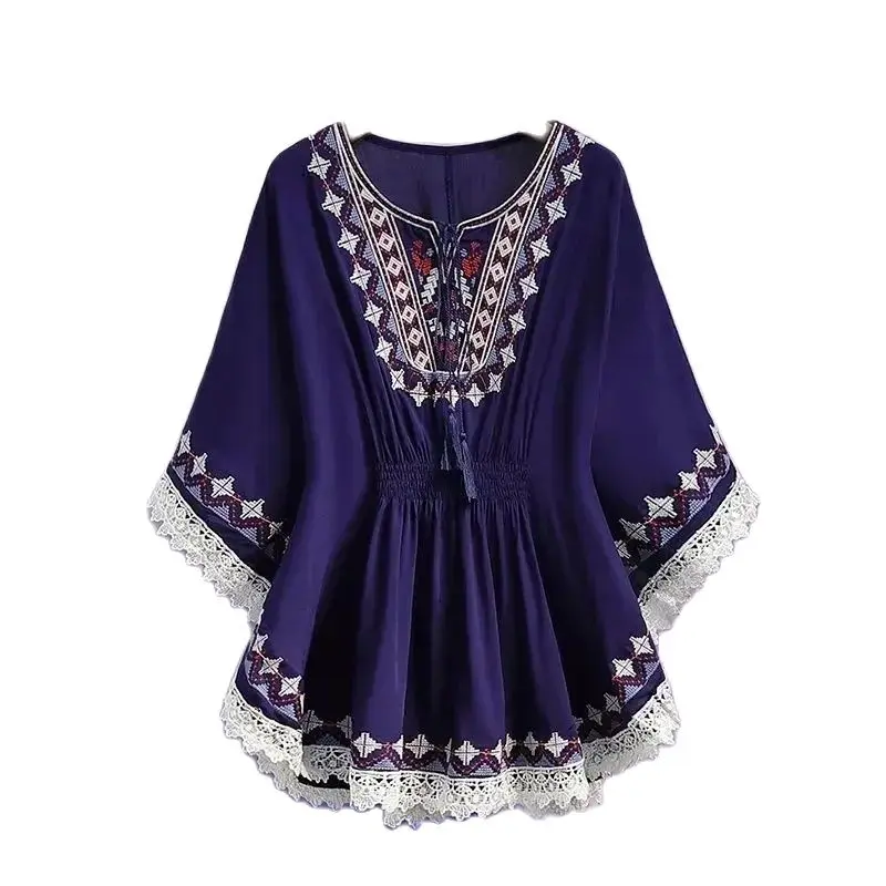 Koszula Top Damska Lato 2025 Nowa Moda Wypoczynek Styl Narodowy Szyfonowa Koszula Vintage Luźna Sznurek do Ściągania Nadruk Odzież Wierzchnia Damska