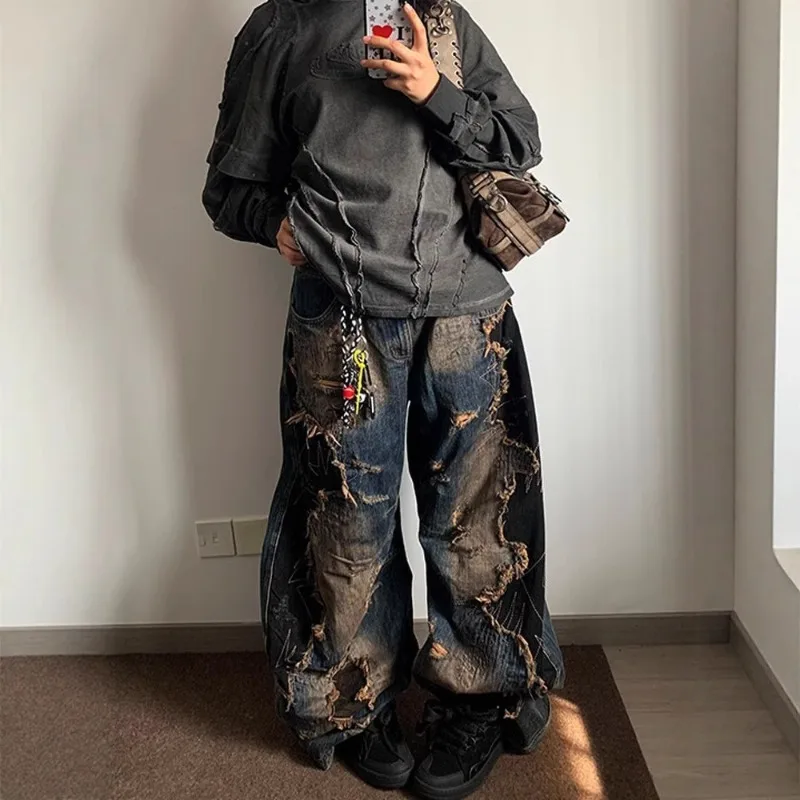 Korean Style High Street Men's Vintage Patchwork Jeans Y2k Harajuku Wasteland Oversized Baggy Denim Pants for Men Streetwear