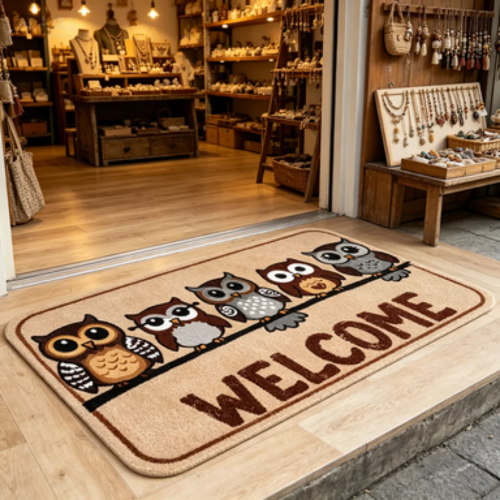 Funny Knife Black Cat Welcome Mat, Vintage Owl Welcome Mat, Halloween Bat Border Mat, Daisy Floral Welcome Mat.