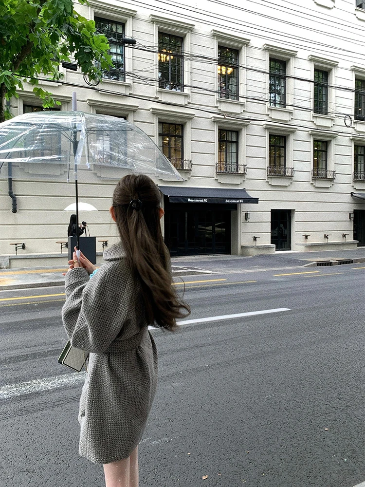 معطف صوفي نسائي صغير Fraance Sle Miu Miу Thiened متوسط الطول بحزام معطف صوفي للتنقل Sle بقصة ضيقة