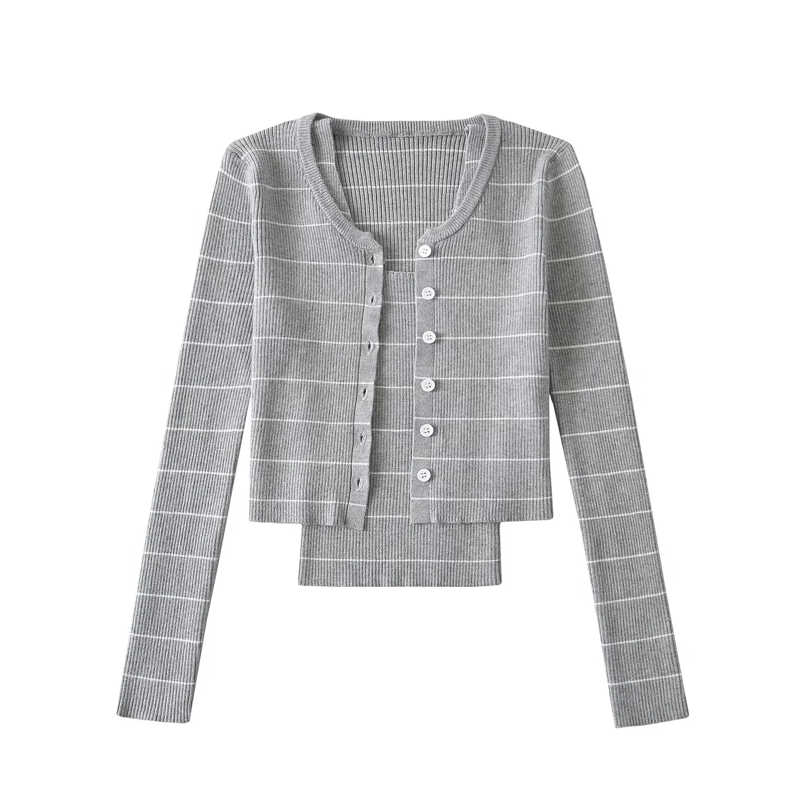 한국 슬레 봄 가을 섹시 퓨어 디자이어 스트라이프 스트랩+롱 슬리브 오픈 가디건 투피스 세트 슬리밍 니트 세트