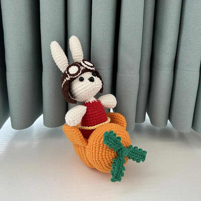 

Crochet knitting Cotton doll Handmade knitted rabbit in a Interesting Carrot Aircraft decorative doll finished Knit Fabric Toy