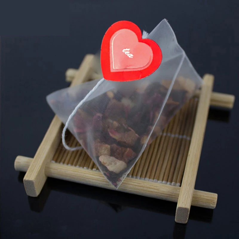 100pcs/lot Pyramid Nylon Empty Tea Bag Filters String with Red Love Tag Transparent Teabags