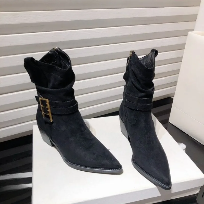 Pointed Toe High Heel Booties Women Fall Winter New Western Boots Block Heel Side Zipper Belt Buckle Fashion Boots view 3
