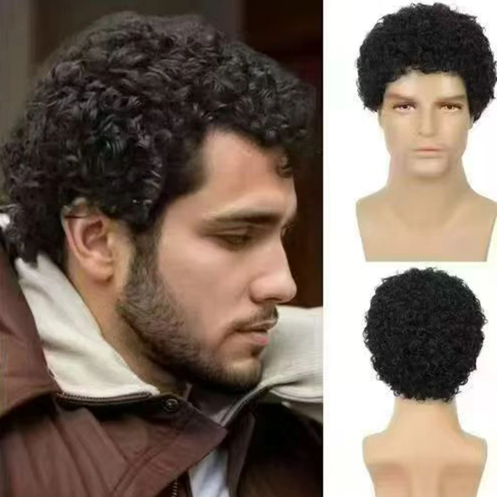 Synthetic Mens Short Afro Curly Wig for Male 70s 80s Disco Guy Rocker Wig Halloween Cosplay Fancy for Daily Party Costume