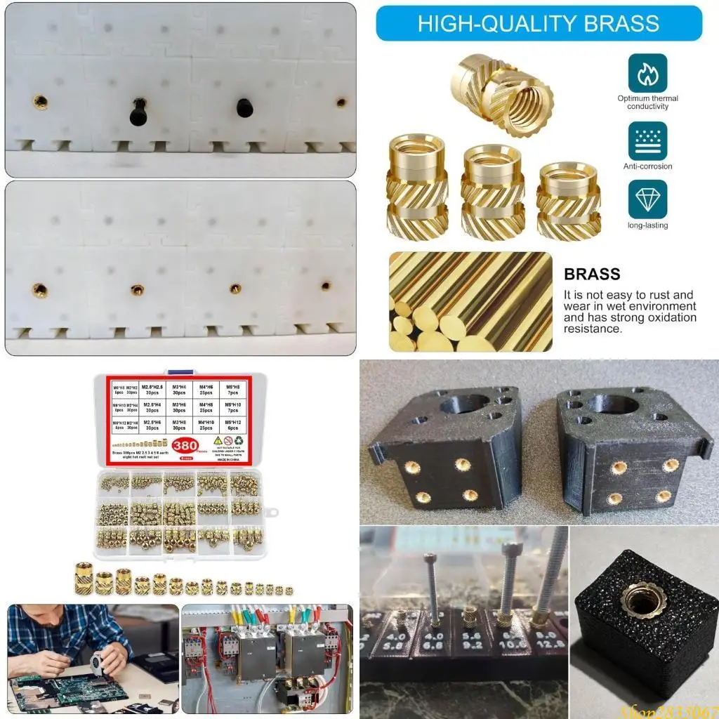 

380Pcs 2/2.5/3/4/5/6mm Metric Threaded Inserts Knurled Nut Inserts for 3D Printing Injections Molding Press Thread Nut 831F