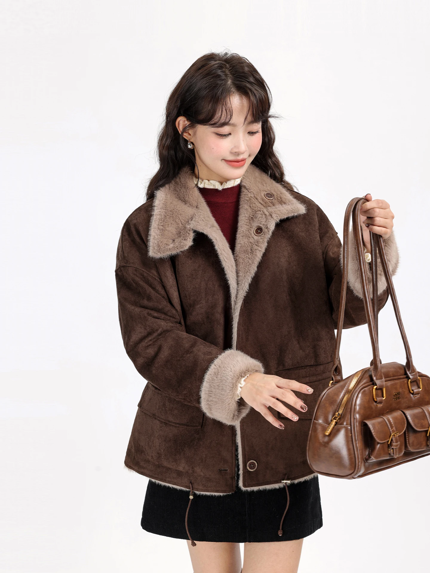 Winter 2025 Women's Fce Lined Suede Biker Coat Warmth Inteated Leather And Fur Outerwear Vintage Korean Sle Long Sve