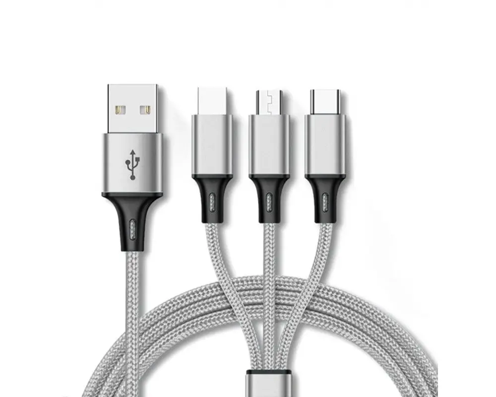 Charging and data Cable with 3 connectors 3 in 1 color silver