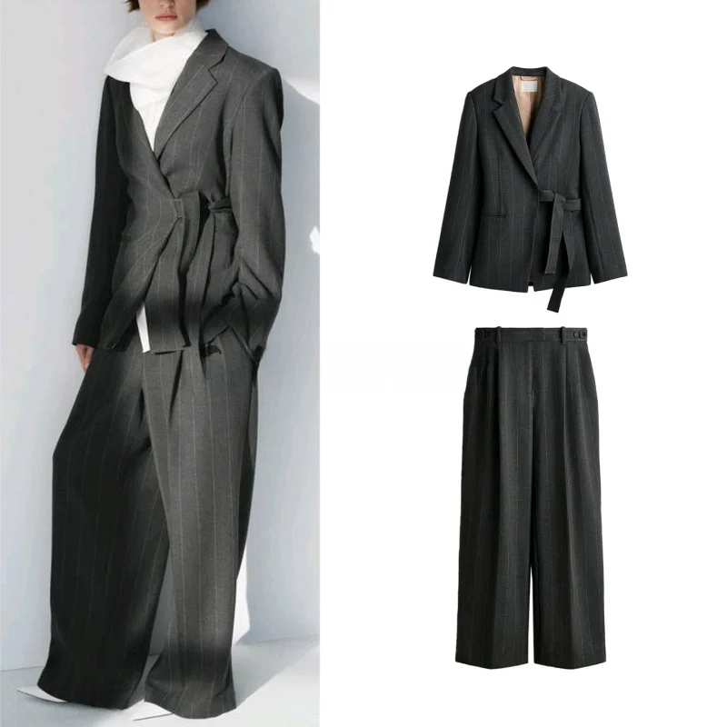 

Повседневный смокинг с запахом, длинный све, с подушечками и поясом, брюки со средней талией, полосатый узор, комплект из двух предметов для женщин