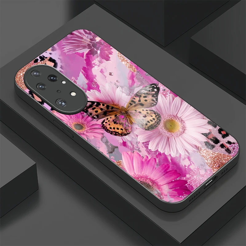 

Чехол для телефона с бабочкой и цветком для Huawei P50 Pro P40, чехол из закаленного стекла для Huawei P30 Lite P20 Mate 50 Pro, противоударный чехол