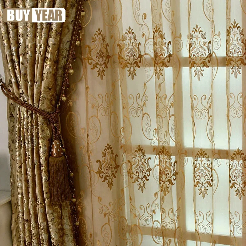 Embroidered Luxury Gold Curtains for Living Room Curtains for Bedroom European Sheer Tulle Print High Blackout Windows Backdrop