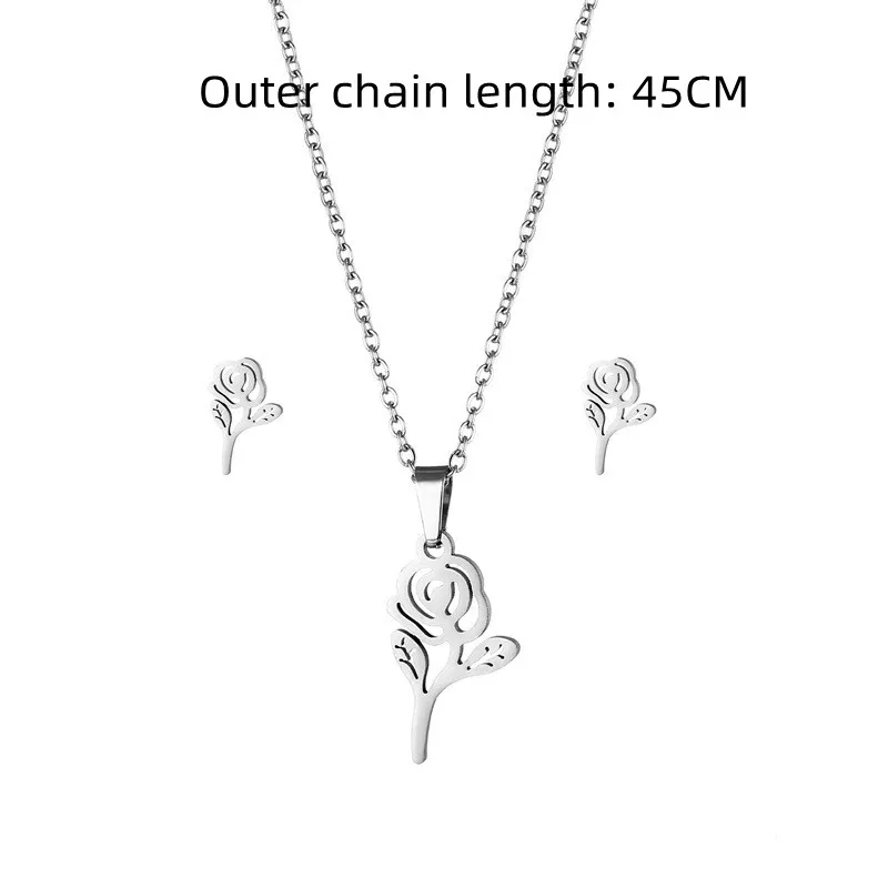 316L Fashion Rose Flower Necklace Pendant Stainless Steel Chain Jewelry Set Flower Earrings Necklace Women\'s Jewelry Gift