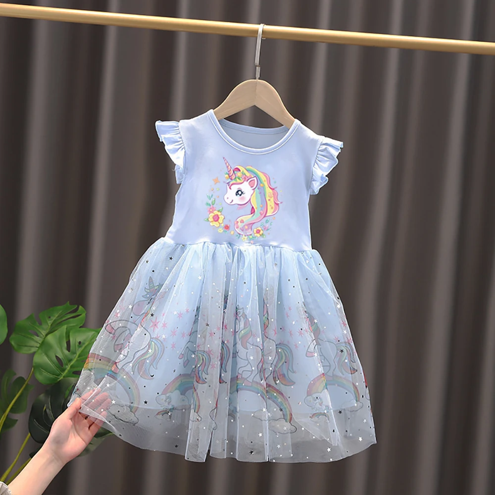 Kids Unicorn Dress Summer For Girls Comfortable And Breathable Short-Sleeved Holiday Casual Dress Girl Birthday Party 2-8Y