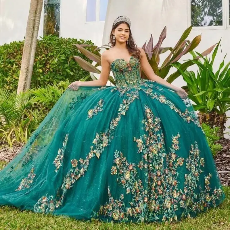 

Mexican Emerald Green Quinceanera Dress Ball Gown Off The Shoulder Lace Applique Beading Tull Sweet 16 Vestidos De 15 Años