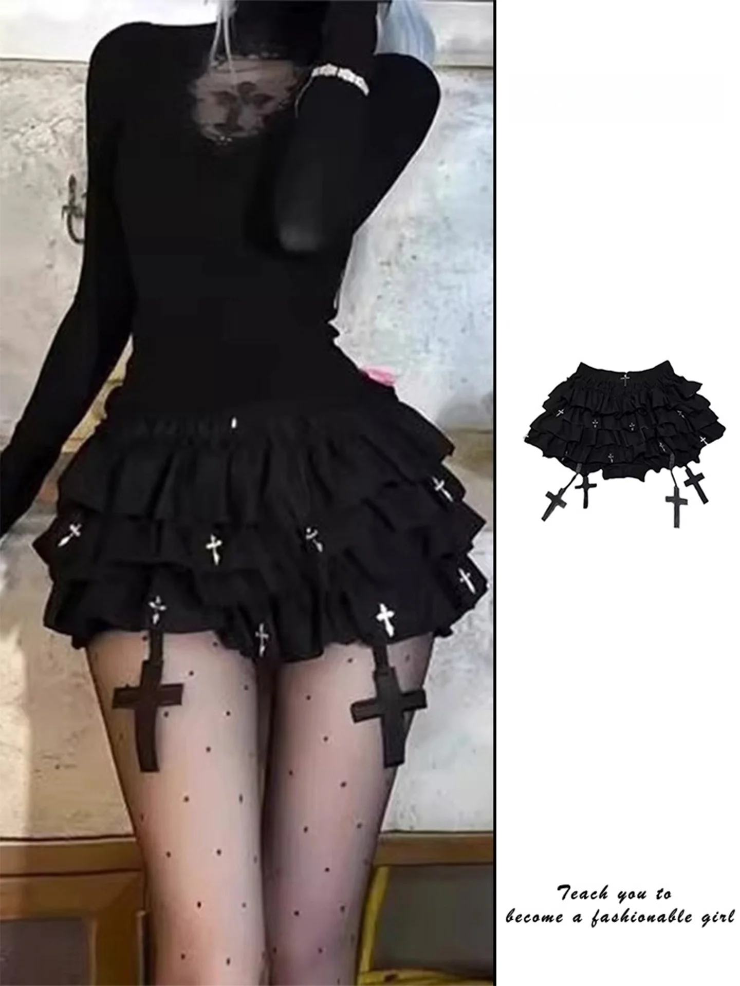 Saia  Preta Gótica com Cruz, Feminina, Estilo Casual, Cintura Alta, Curta, Anti-transparência, com Camadas, para Meninas