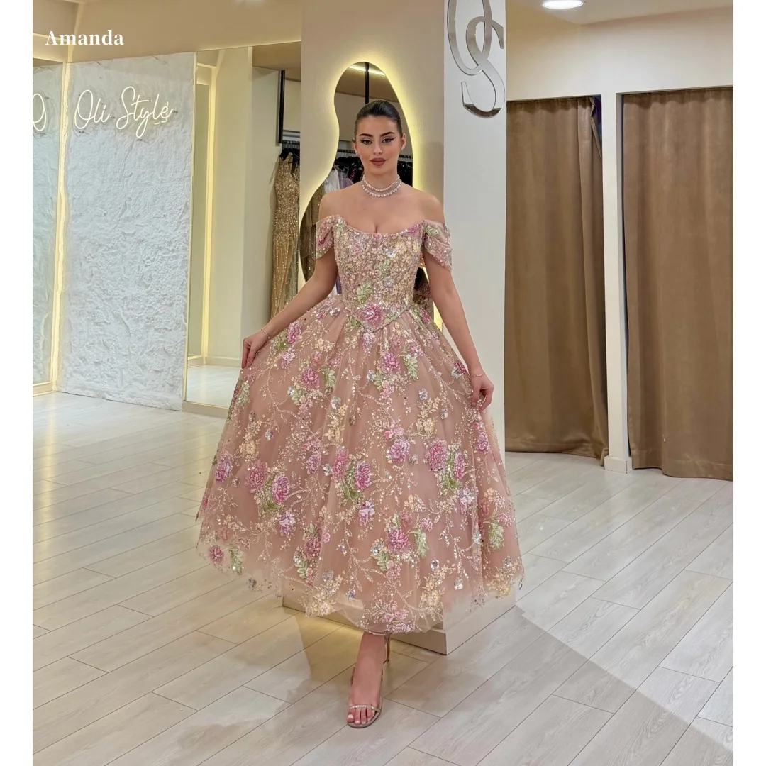 

Вечернее платье Amanda Customized: розовое, с открытыми плечами, цветочным узором, бисером и пайетками, из фатина, длиной миди, бальное, для выпускного вечера, vestidos de noche, Formal