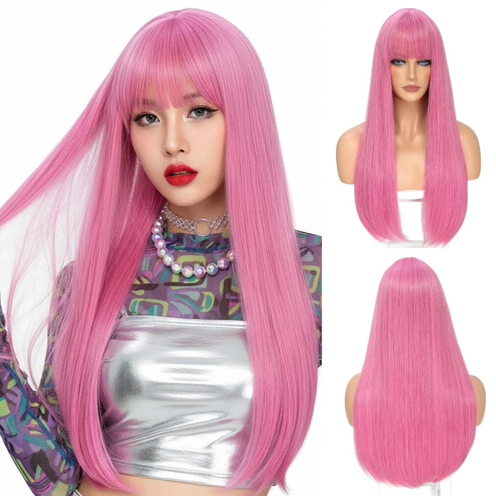 

Long Straight Heat Resistant Pink Wig With Bang Women's Lolita Synthetic Wig for Cosplay Party Daily Wear