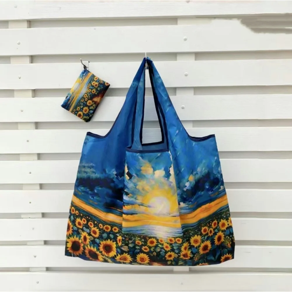New Fashion Oil Painting Shopping Bag Large Foldable Tote Bag Reusable Grocery Storage Bag Nylon Portable Travel Shoulder Bags