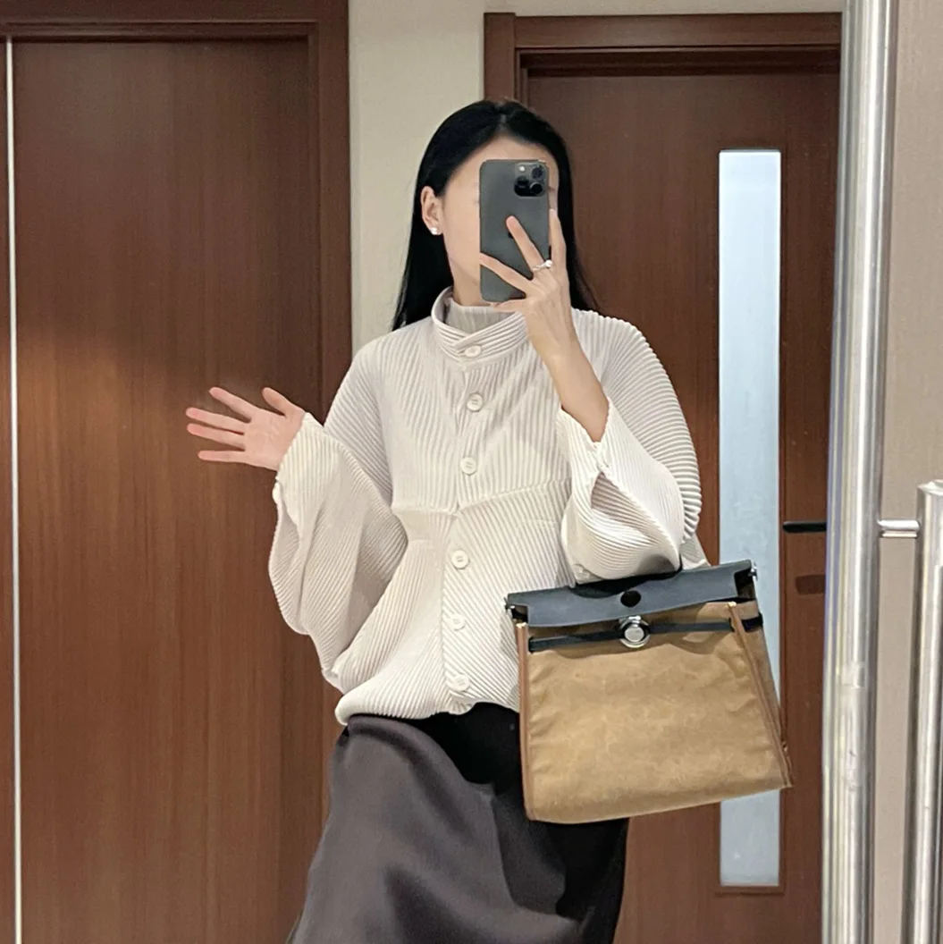 

Miyake Pleated Jacket - Multi-Color Asymmetric Hem Button Front, 2025 New Arrival Street Style, Women's Trendy Outerwear