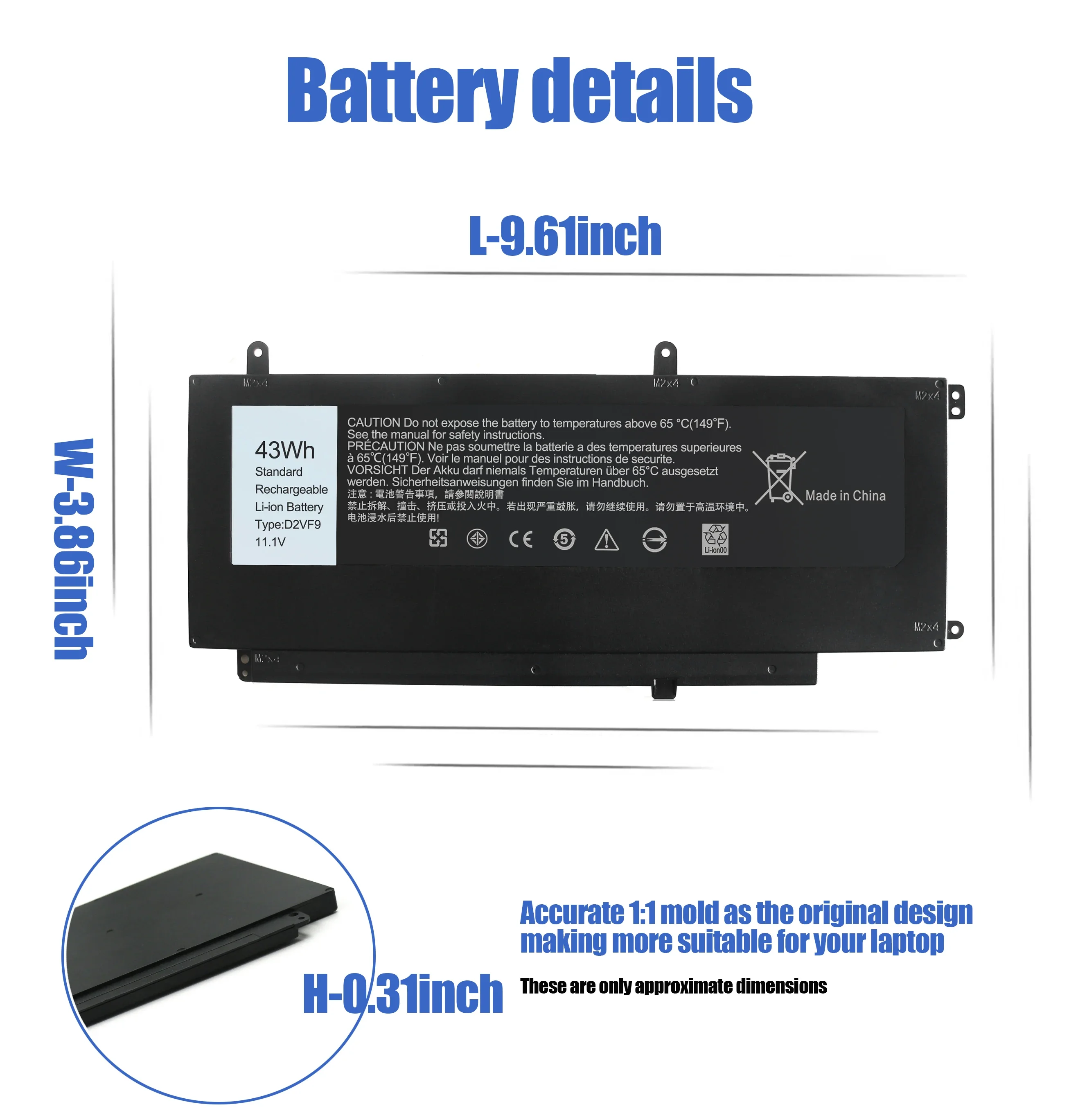 D2VF9 11.1V 43Wh Laptop Battery For Dell Inspiron 15 7547 7548 Vostro 14 5459 14-5459D-1308S 1328S 408S 1528G/1528S PXR51 YGR2V