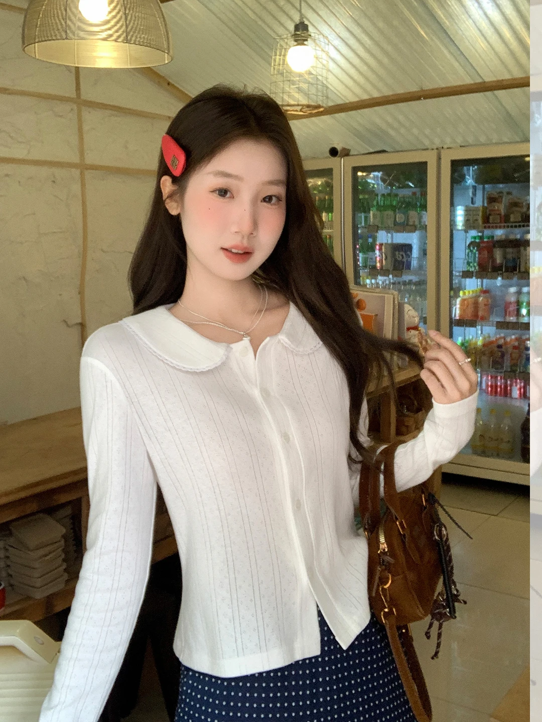 Korean Style Doll Collar Knitted Cardigan Women's Long Sleeve White Enhancing Design Sensation Youthful Autumn New Arrival T-...