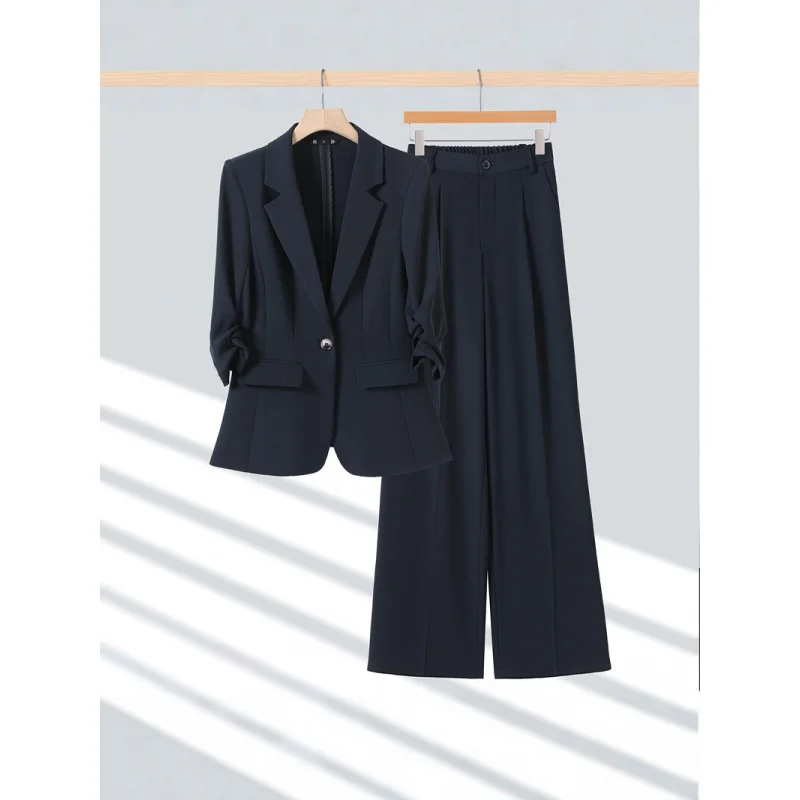 

Blue women's suit set for spring and autumn, new professional commuter two-piece outfit with wide-leg pants, elegant formal wear