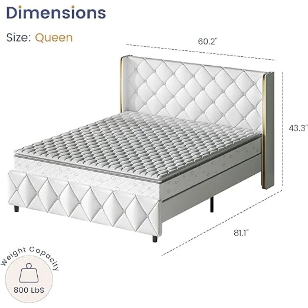 Bed Frame with Diamond Headboard, White Upholstered Platform Bed Frame Faux Leather with Gold Winback, White