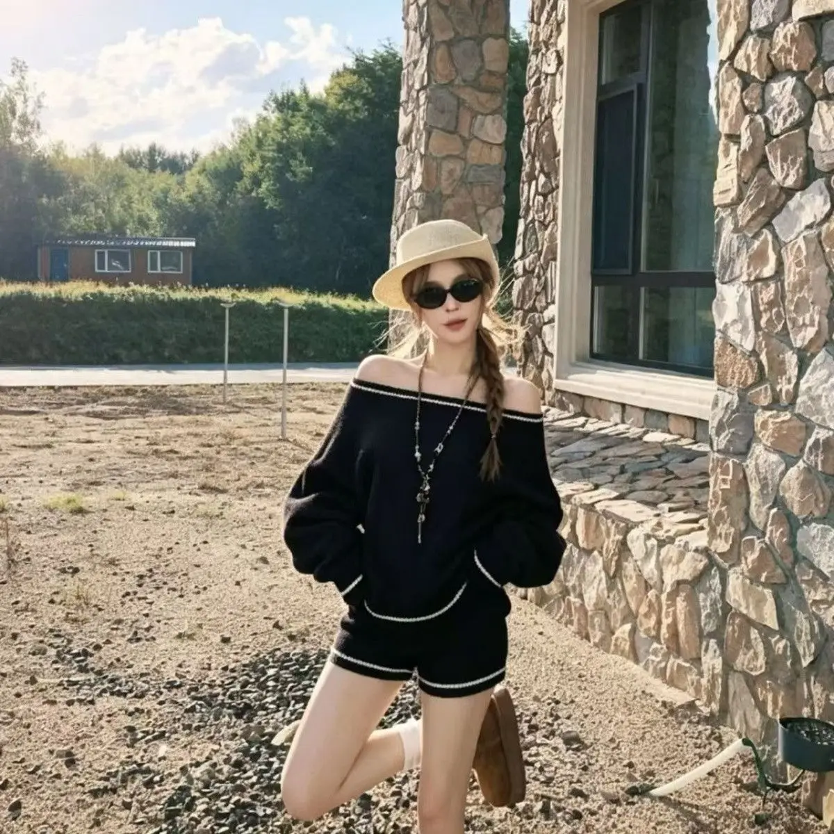 Goth Aesthetic Long Sleeve Two Piece Set Women Off Shoulder Top + Sexy Slim Shorts Y2K Cross Harajuku E-Girls Streetwear Outfit